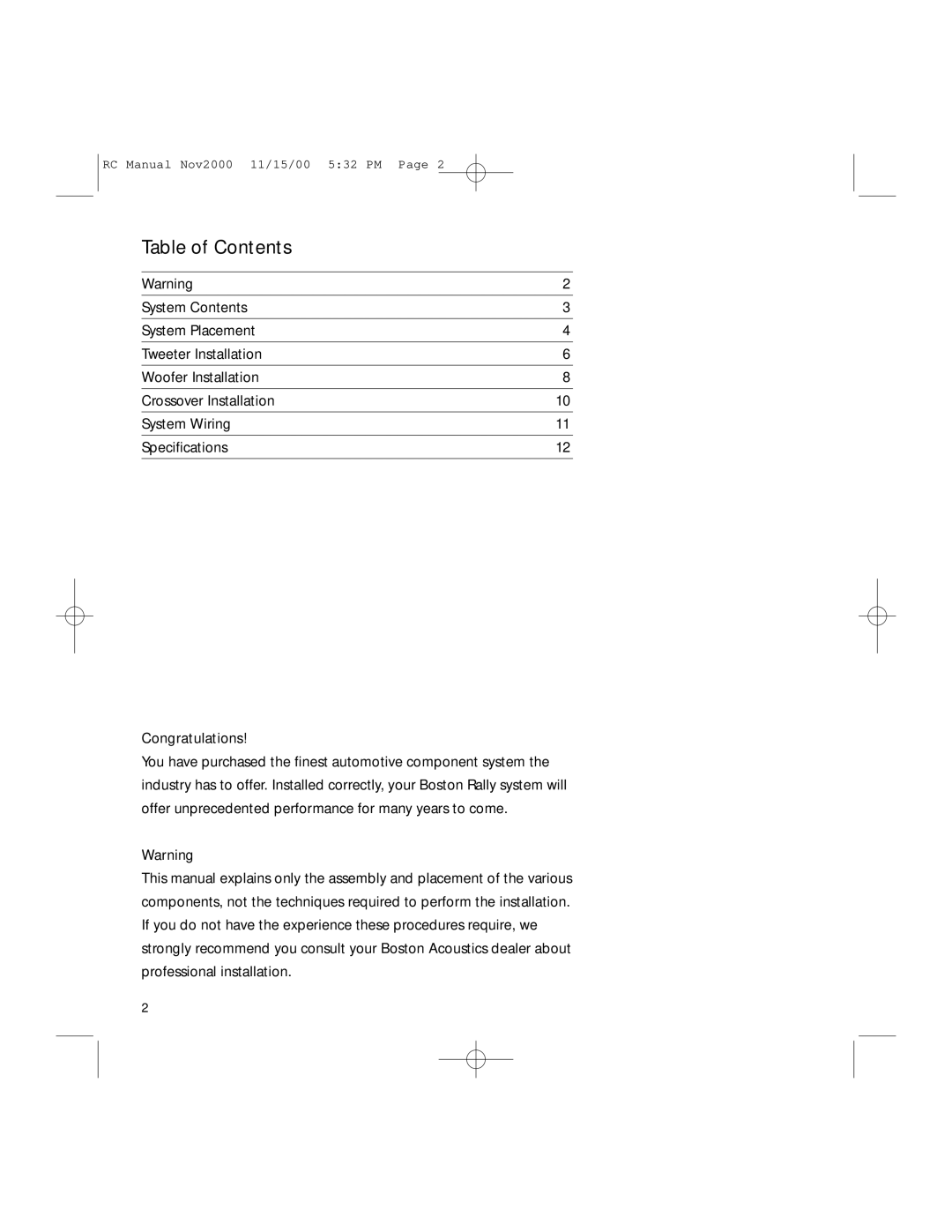 Boston Acoustics RC820, RC520, RC620, RC420 installation manual Table of Contents 