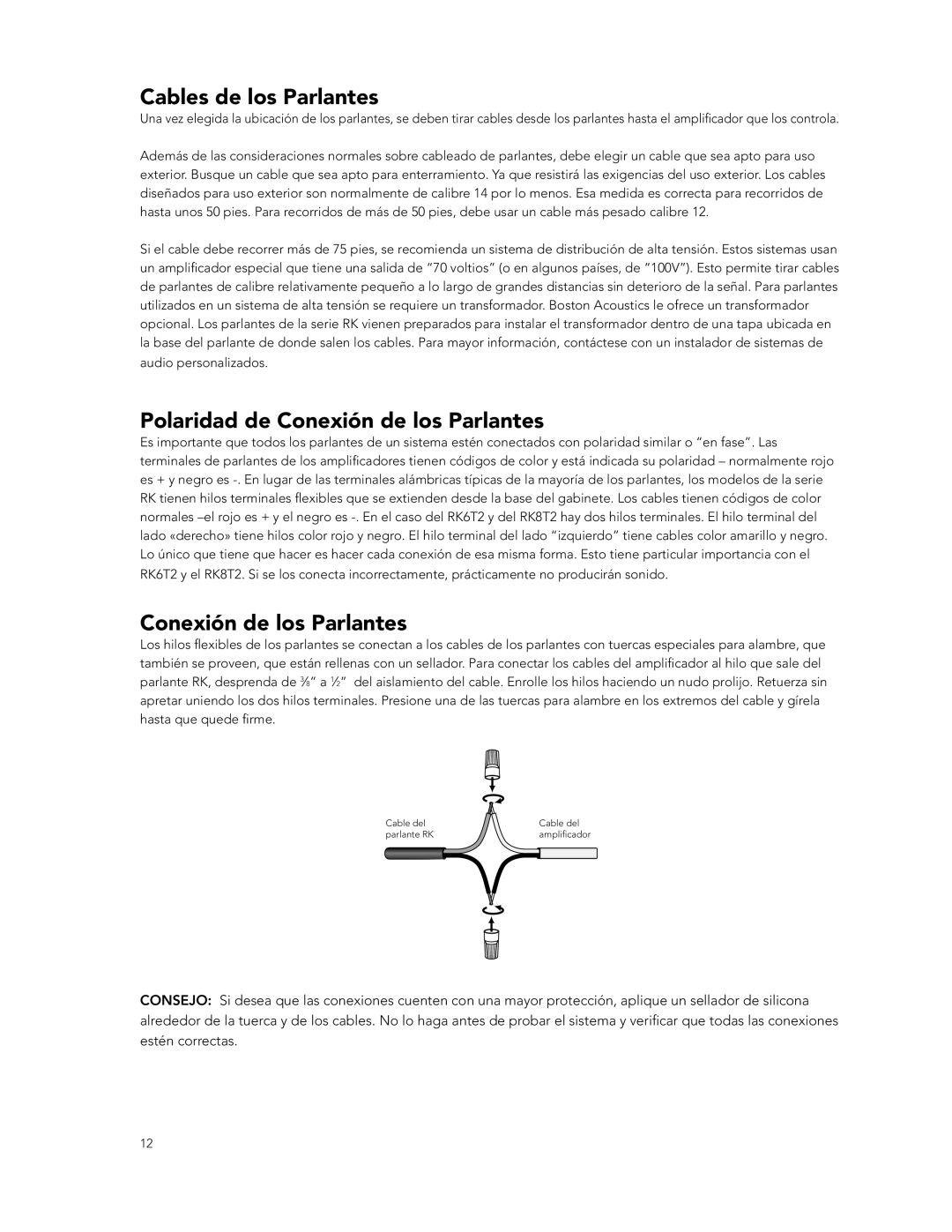 Boston Acoustics RK8T2, RK5, RK6T2 manual Cables de los Parlantes, Polaridad de Conexión de los Parlantes 