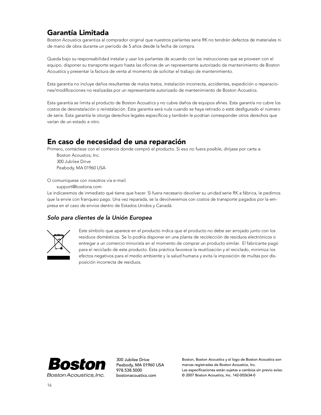 Boston Acoustics RK5, RK8T2, RK6T2 manual Garantía Limitada, En caso de necesidad de una reparación 