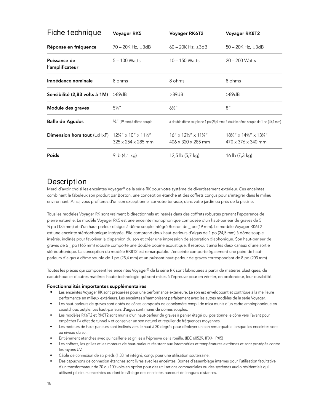 Boston Acoustics RK8T2, RK5, RK6T2 manual Fiche technique, Fonctionnalités importantes supplémentaires 