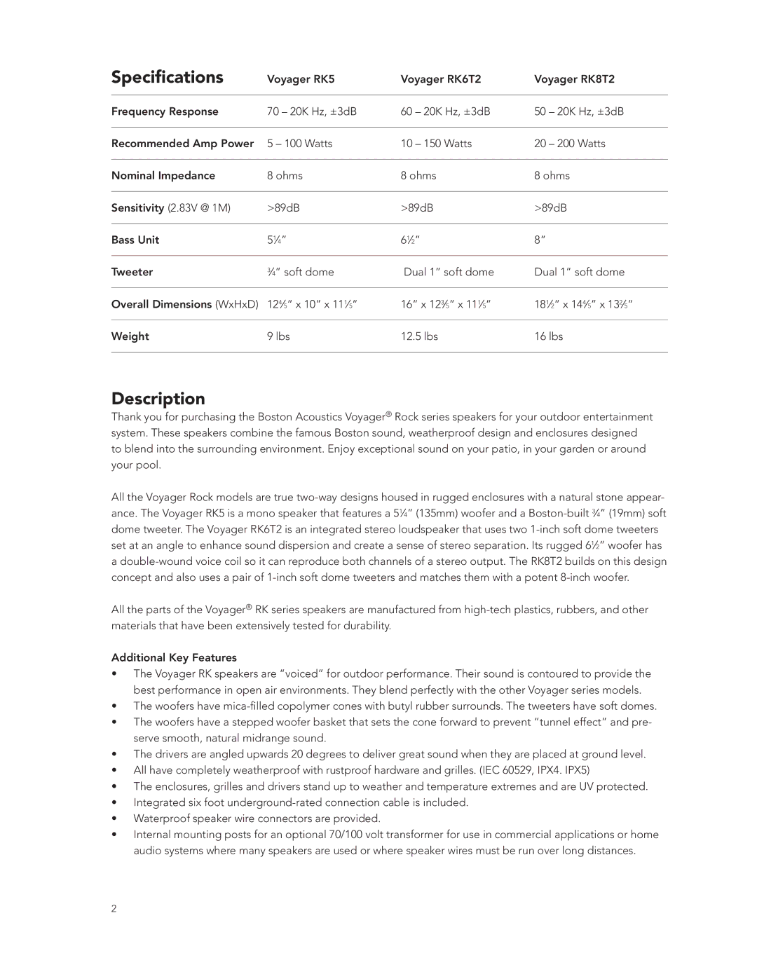 Boston Acoustics RK6T2, RK8T2, RK5 manual Specifications, Description 