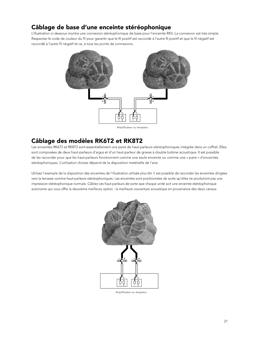 Boston Acoustics RK5 manual Câblage de base d’une enceinte stéréophonique, Câblage des modèles RK6T2 et RK8T2 