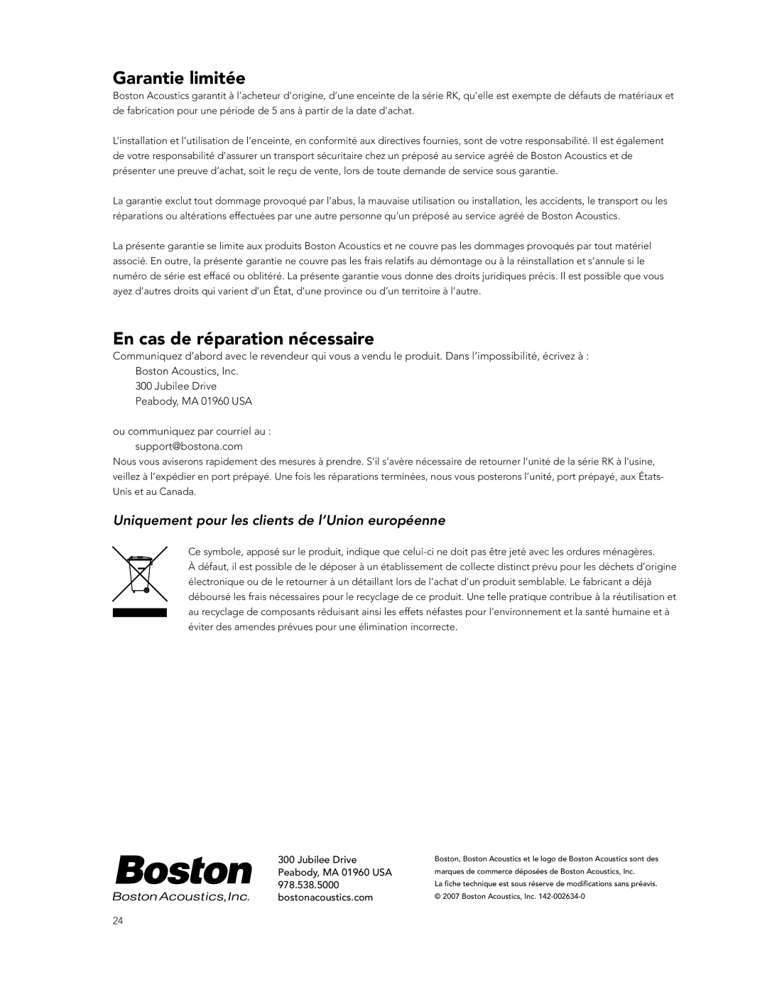 Boston Acoustics RK8T2, RK5, RK6T2 manual Garantie limitée, En cas de réparation nécessaire 