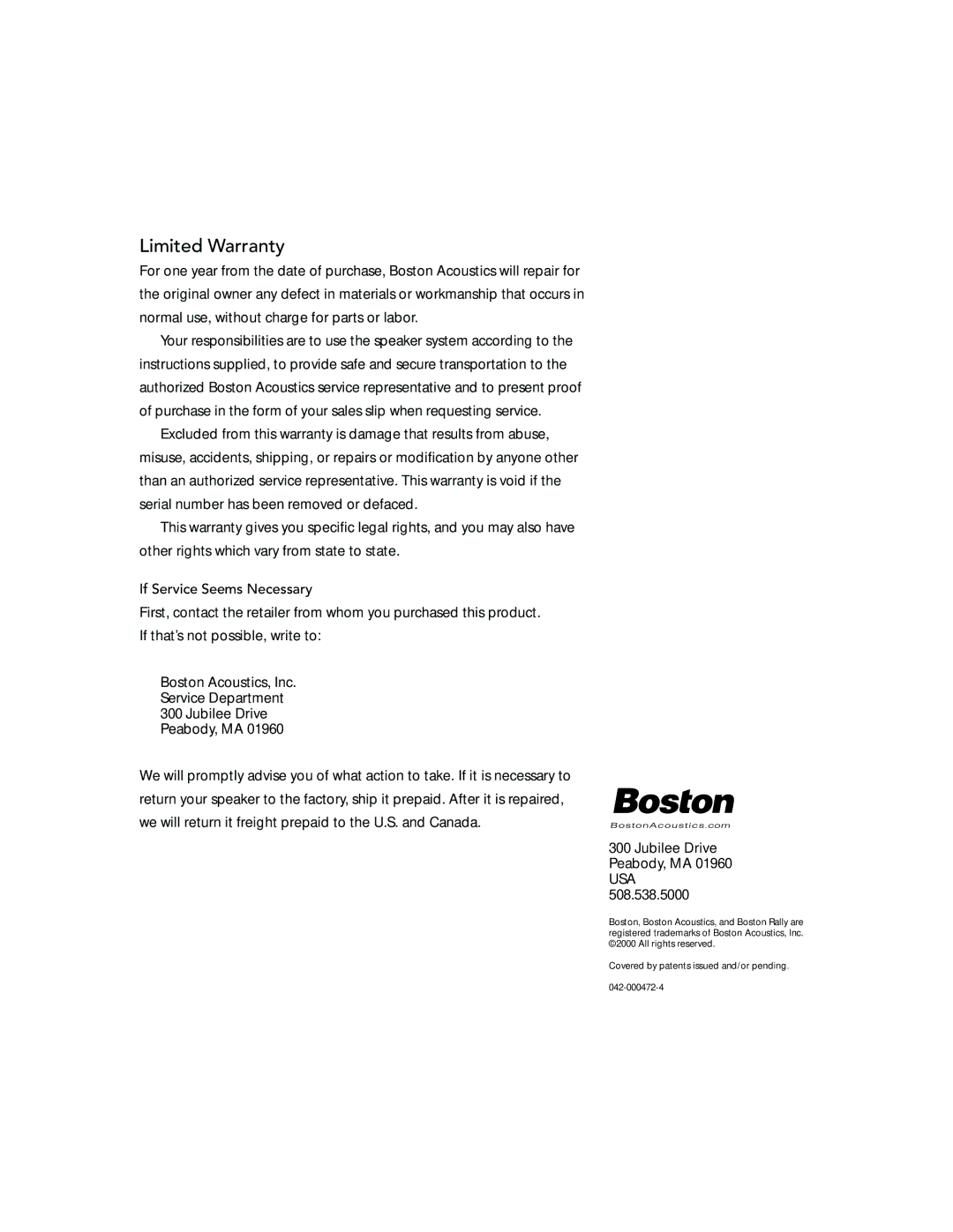 Boston Acoustics RX97, RX47, RX87, RX57DIN, RX67DIN installation instructions Limited Warranty 