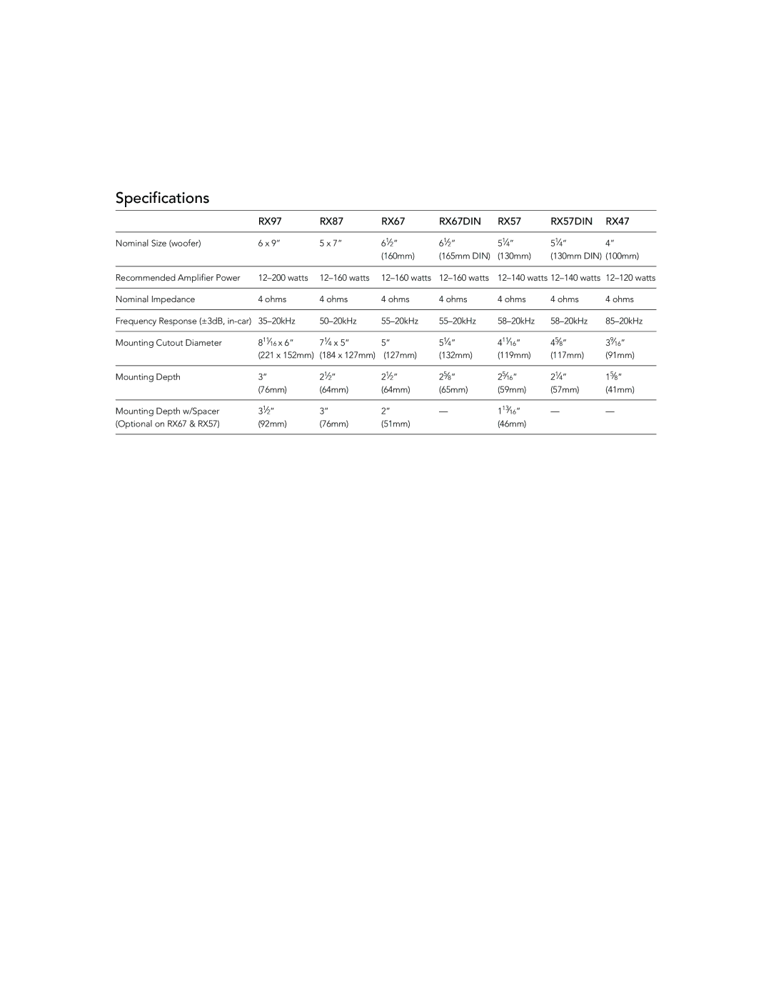 Boston Acoustics RX97, RX47, RX87, RX67DIN installation instructions Specifications, RX57DIN 