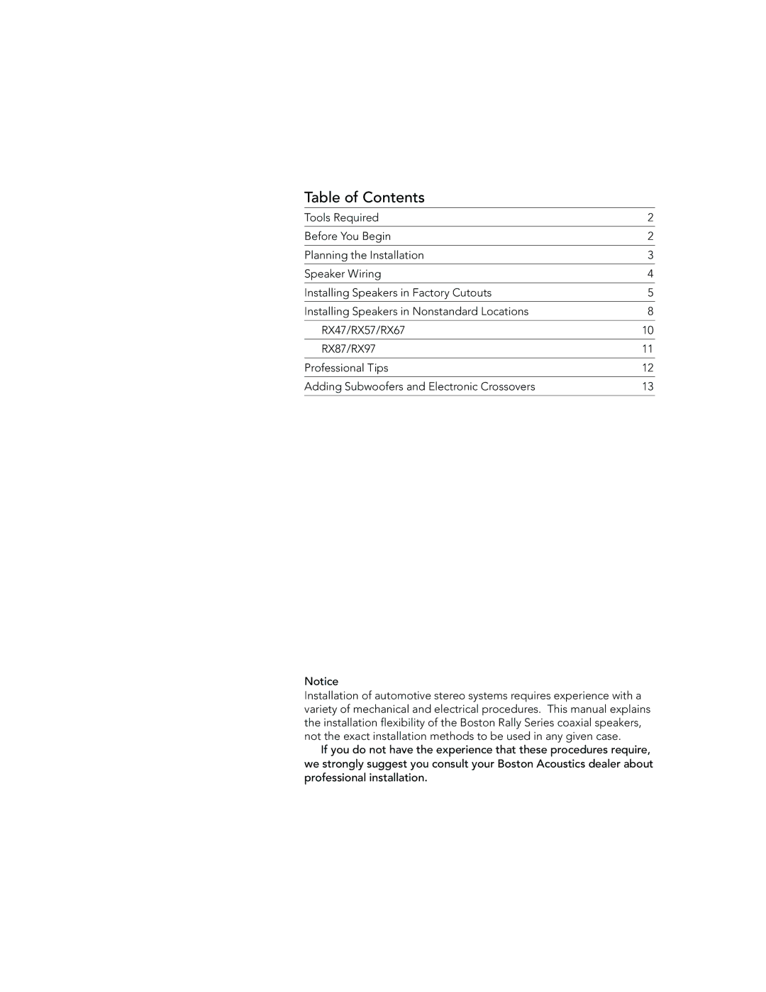 Boston Acoustics RX87, RX47, RX97, RX57DIN, RX67DIN installation instructions Table of Contents 