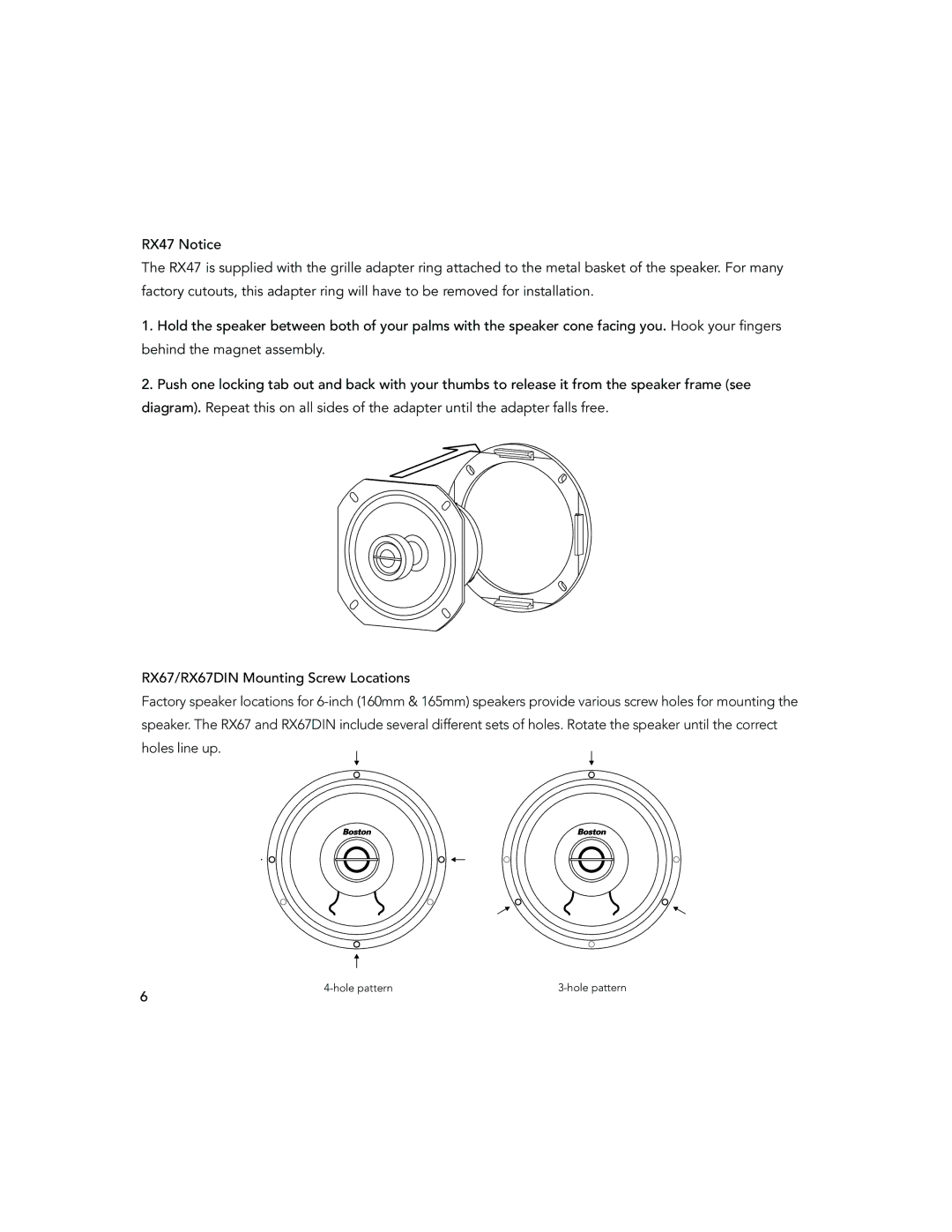 Boston Acoustics RX47, RX97, RX87, RX57DIN, RX67DIN installation instructions Hole pattern 