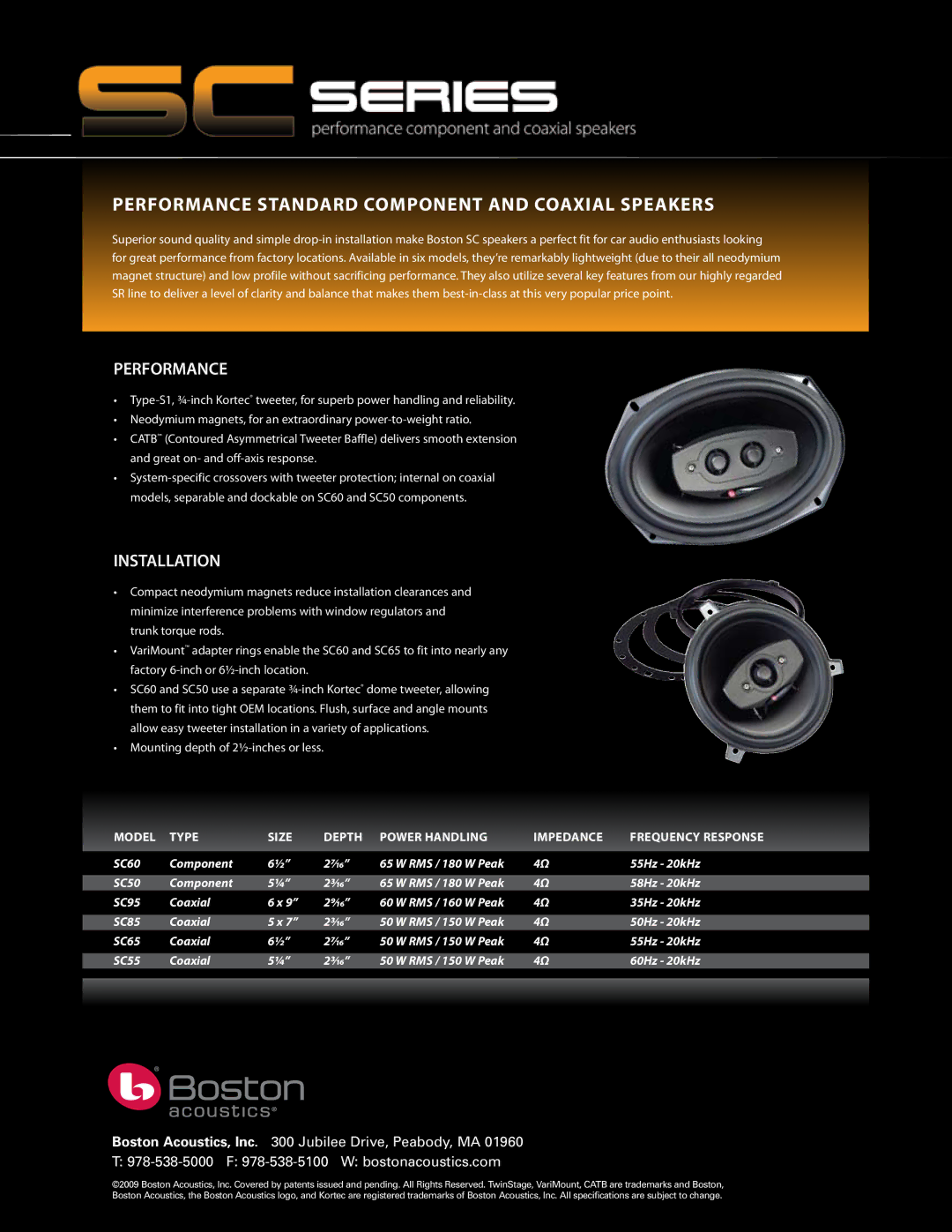 Boston Acoustics SC65, SC55, SC60, SC95, SC85 manual Performance Standard Component and Coaxial Speakers, Installation 