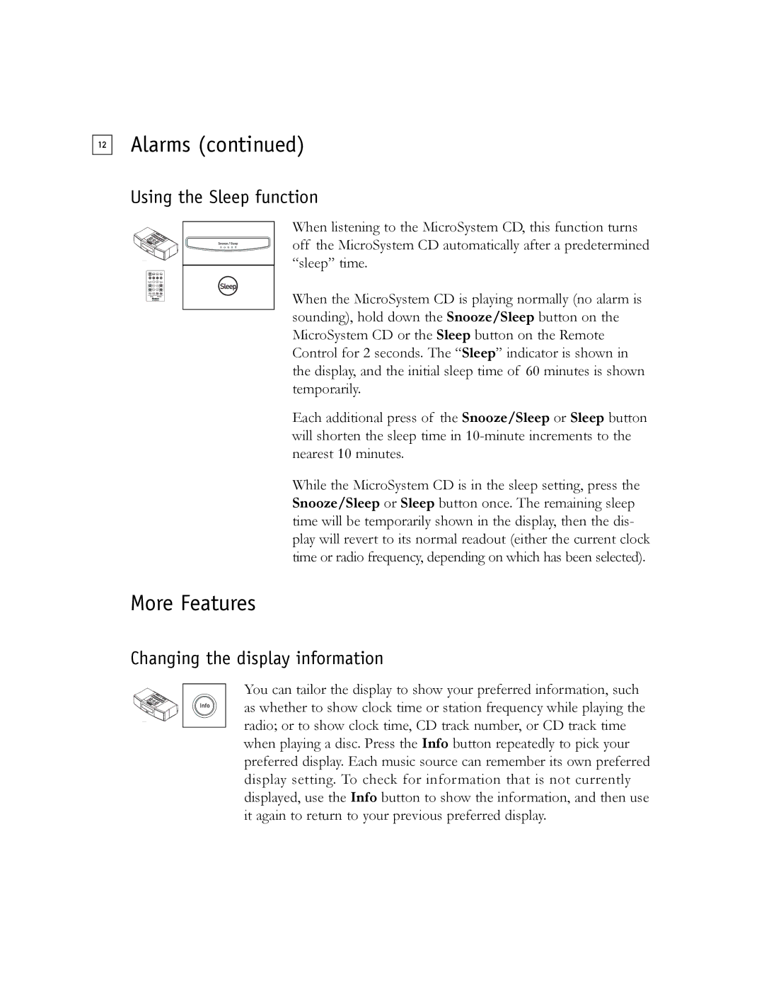 Boston Acoustics Shelf Stereo System owner manual More Features, Using the Sleep function, Changing the display information 