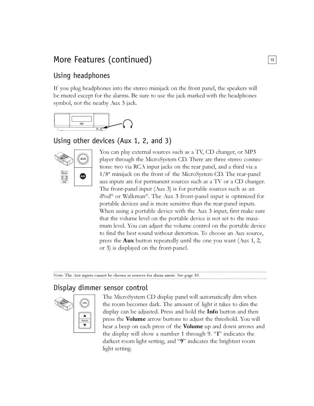 Boston Acoustics Shelf Stereo System Using headphones, Using other devices Aux 1, 2, Display dimmer sensor control 