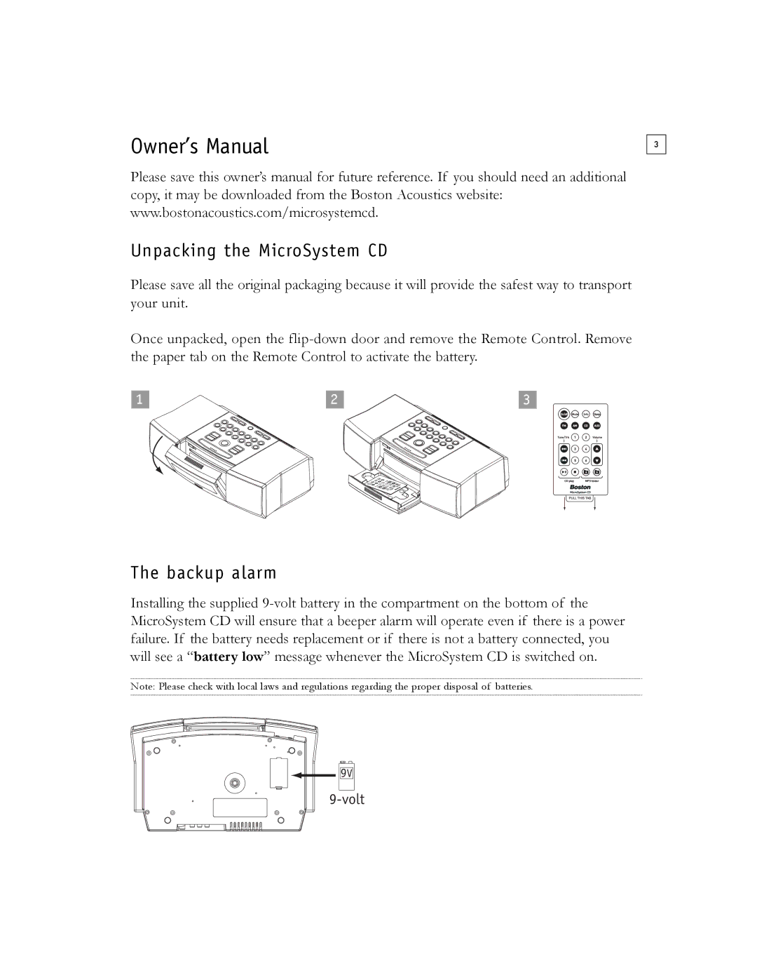 Boston Acoustics Shelf Stereo System owner manual Unpacking the MicroSystem CD, Backup alarm 