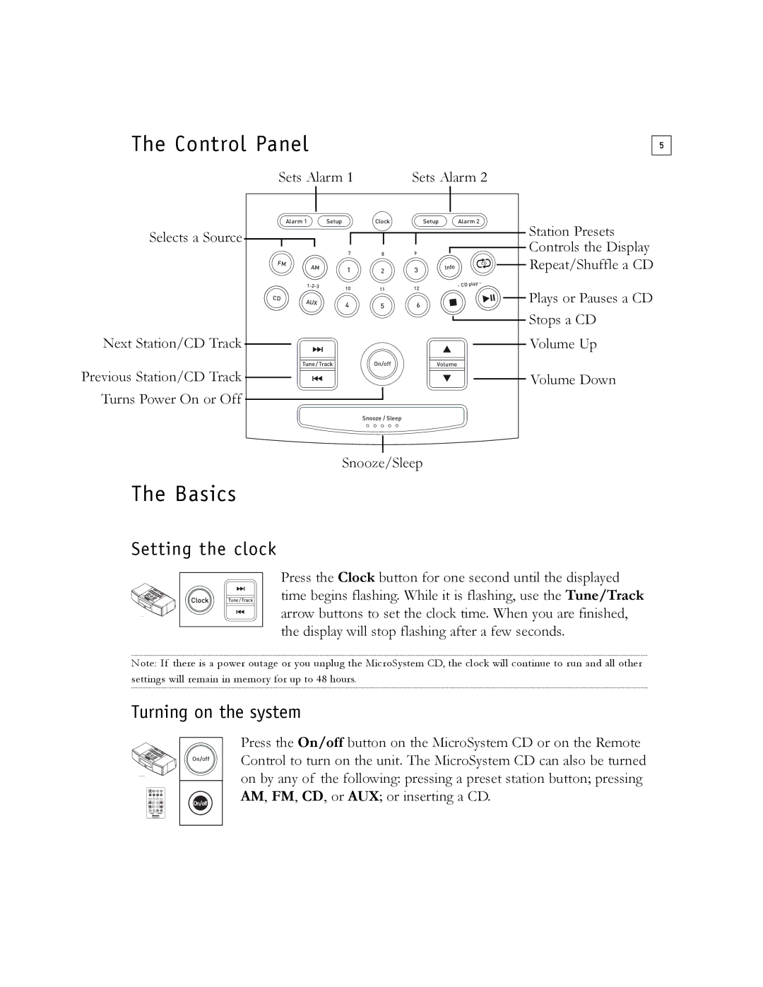 Boston Acoustics Shelf Stereo System owner manual Control Panel, Basics, Setting the clock, Turning on the system 