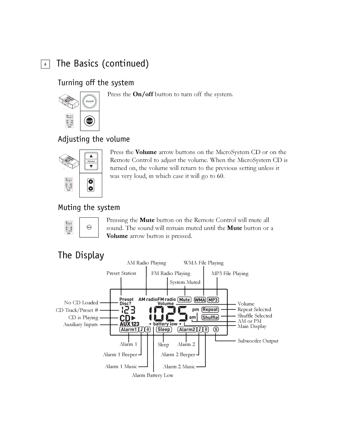 Boston Acoustics Shelf Stereo System owner manual Display, Turning off the system, Adjusting the volume, Muting the system 