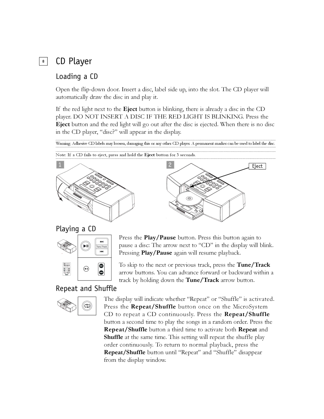 Boston Acoustics Shelf Stereo System owner manual CD Player, Loading a CD, Playing a CD 