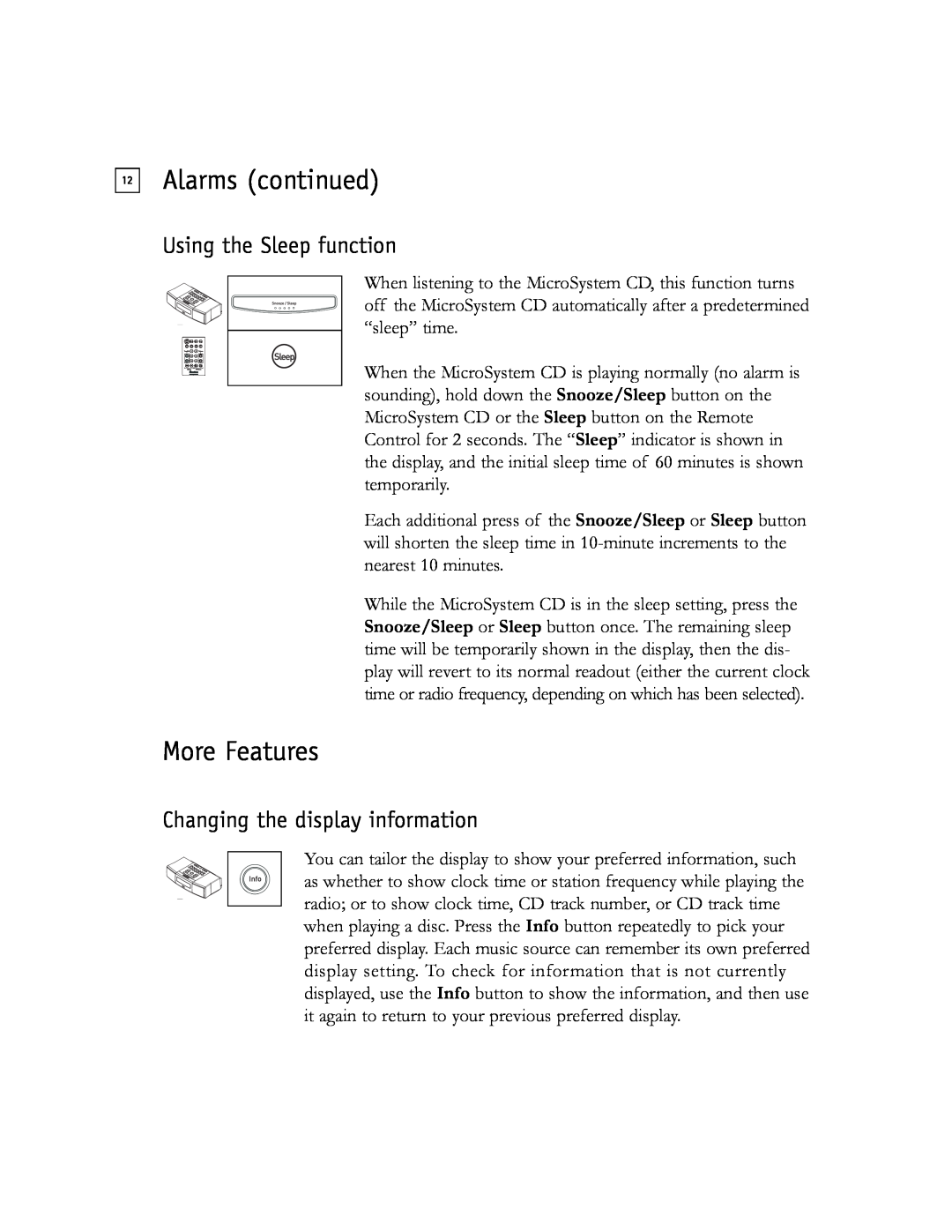 Boston Acoustics Shelf Stereo System owner manual More Features, Using the Sleep function, Changing the display information 