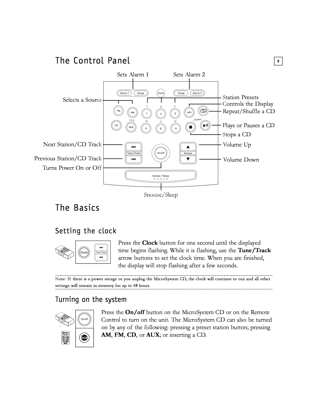 Boston Acoustics Shelf Stereo System owner manual The Control Panel, The Basics, Setting the clock, Turning on the system 