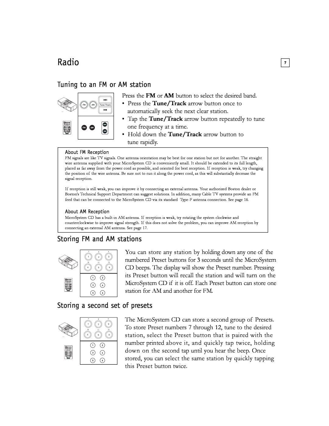 Boston Acoustics Shelf Stereo System owner manual Radio, Tuning to an FM or AM station, Storing FM and AM stations 