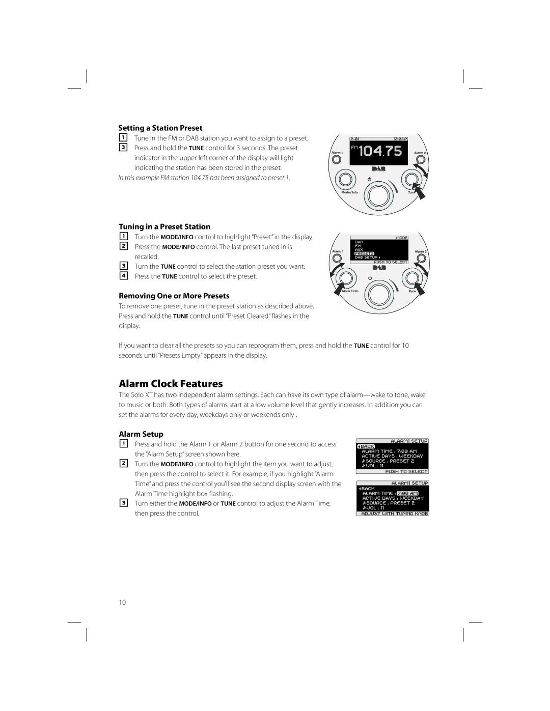 Boston Acoustics Solo XT Alarm Clock Features, Setting a Station Preset, Tuning in a Preset Station, Alarm Setup 