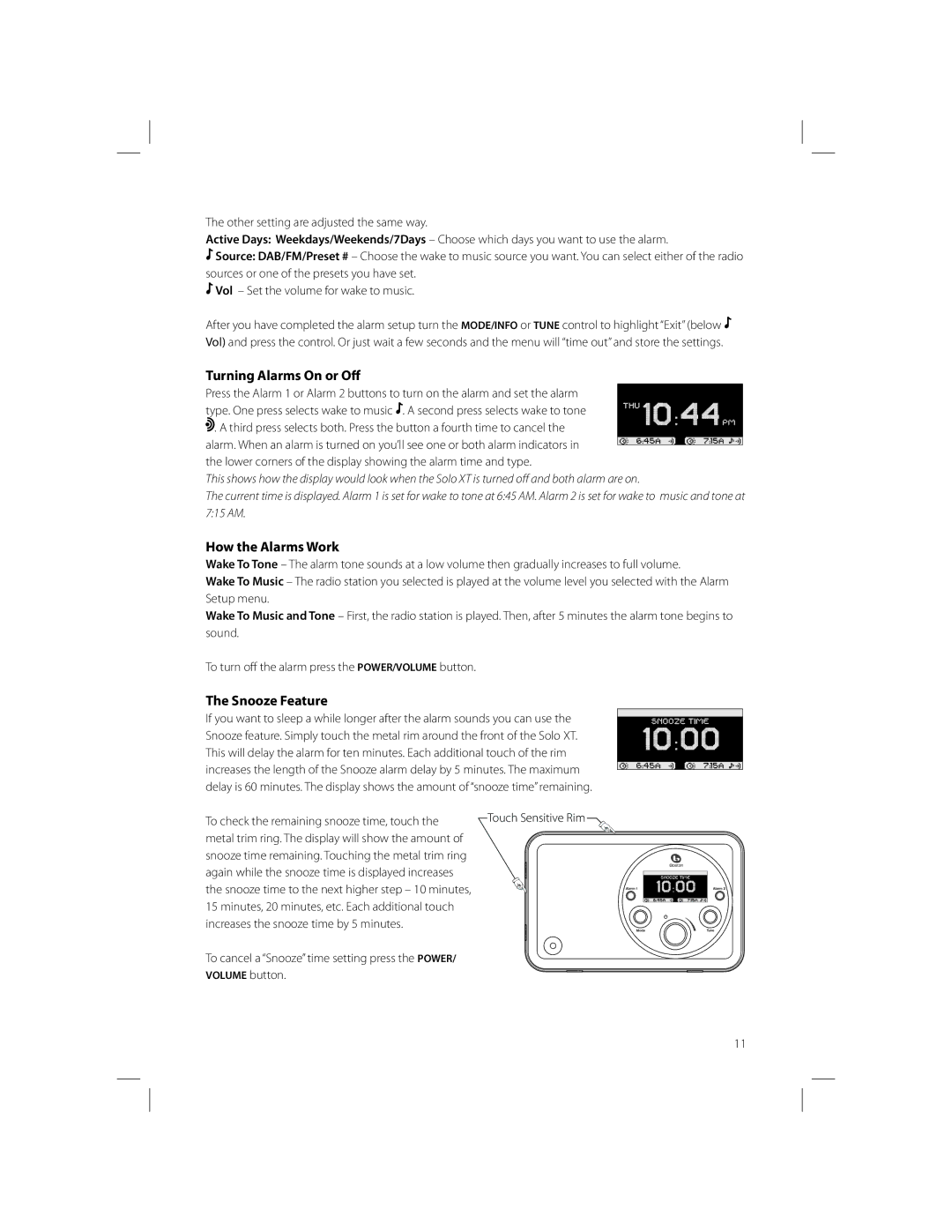 Boston Acoustics Solo XT owner manual Turning Alarms On or Off, How the Alarms Work, Snooze Feature 