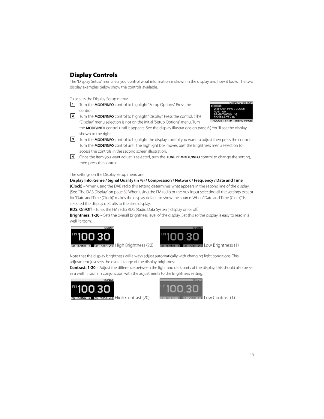 Boston Acoustics Solo XT owner manual Display Controls, High Brightness Low Brightness 