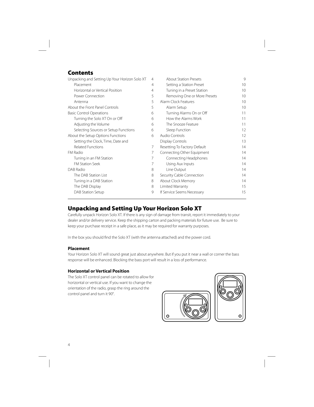 Boston Acoustics owner manual Contents, Unpacking and Setting Up Your Horizon Solo XT 