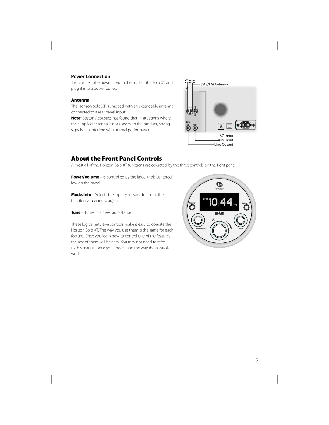 Boston Acoustics Solo XT owner manual About the Front Panel Controls, Power Connection, Antenna 