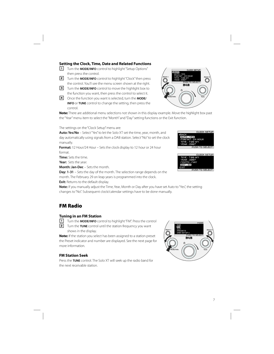 Boston Acoustics Solo XT FM Radio, Setting the Clock, Time, Date and Related Functions, Tuning in an FM Station 