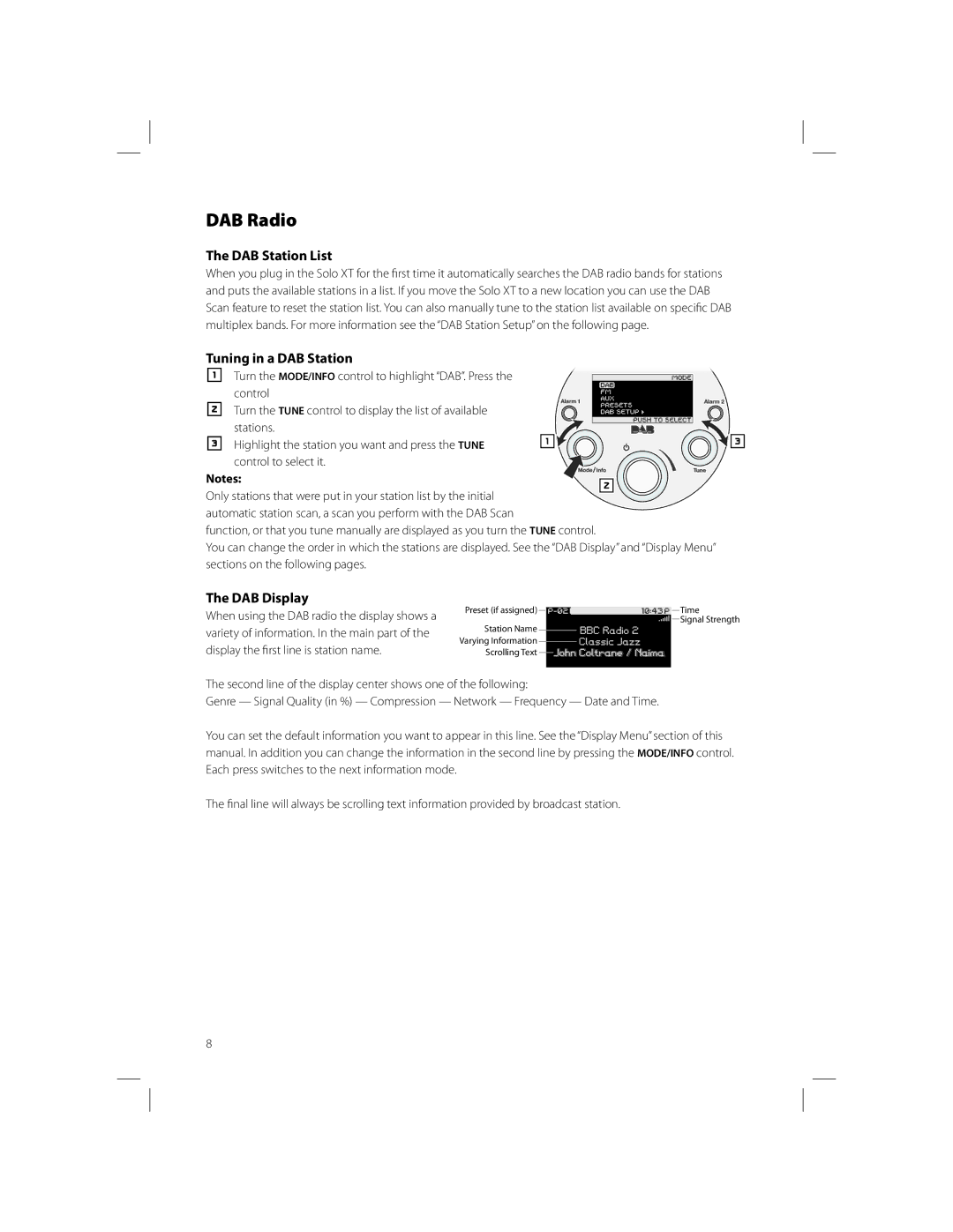 Boston Acoustics Solo XT owner manual DAB Radio, DAB Station List, Tuning in a DAB Station, DAB Display 