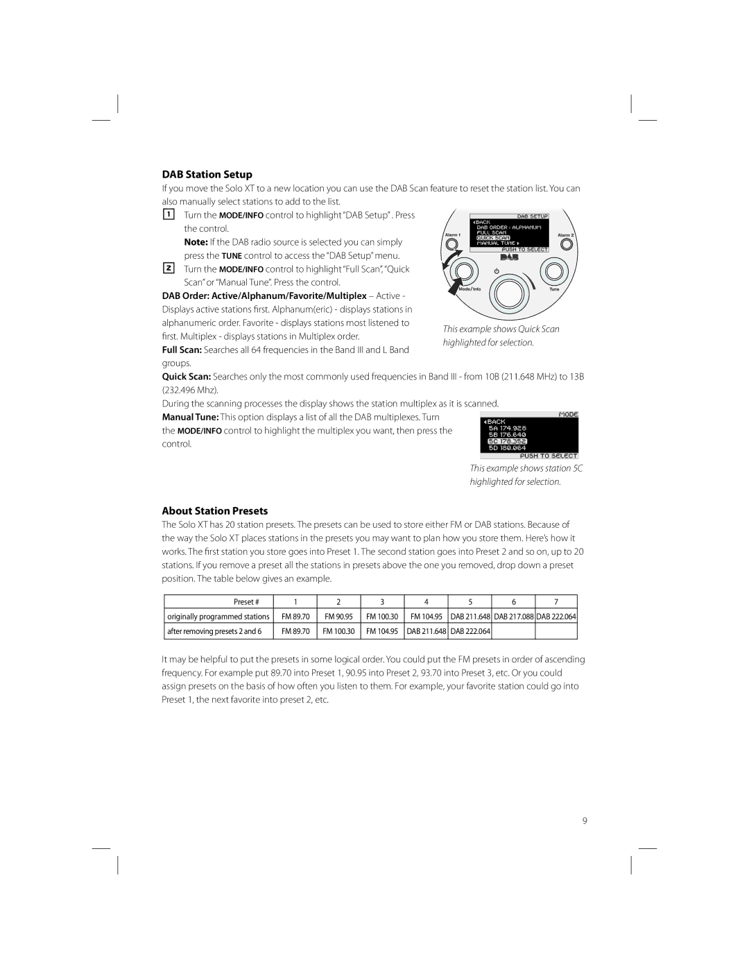 Boston Acoustics Solo XT owner manual DAB Station Setup, About Station Presets, Scan or Manual Tune. Press the control 