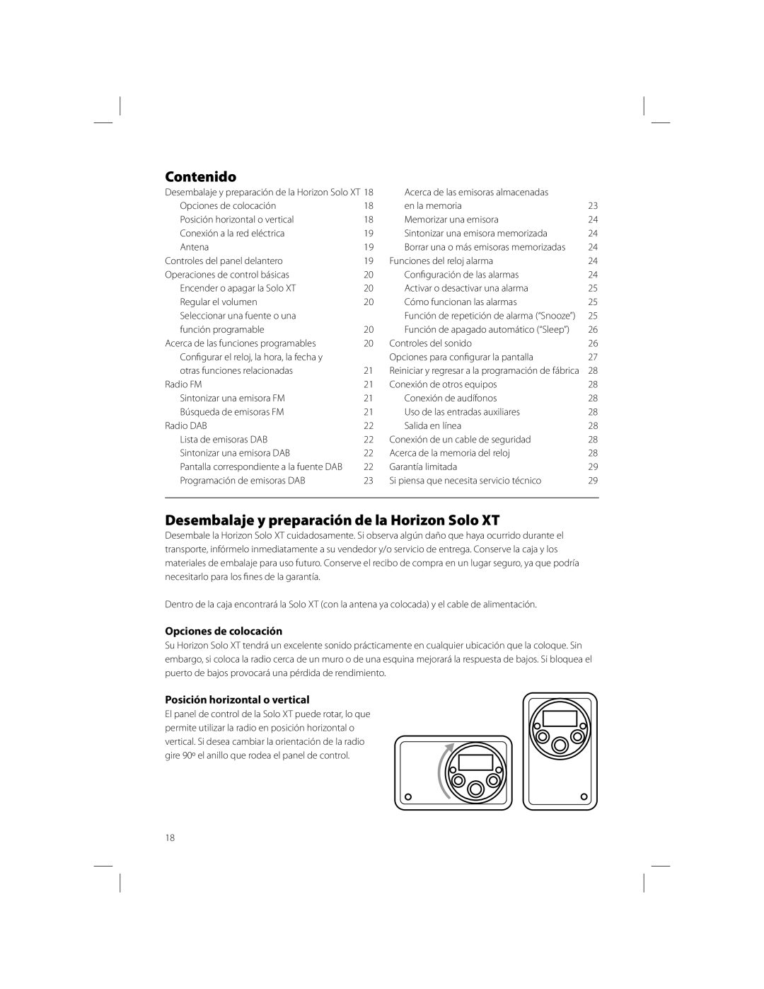 Boston Acoustics owner manual Contenido, Desembalaje y preparación de la Horizon Solo XT, Opciones de colocación 