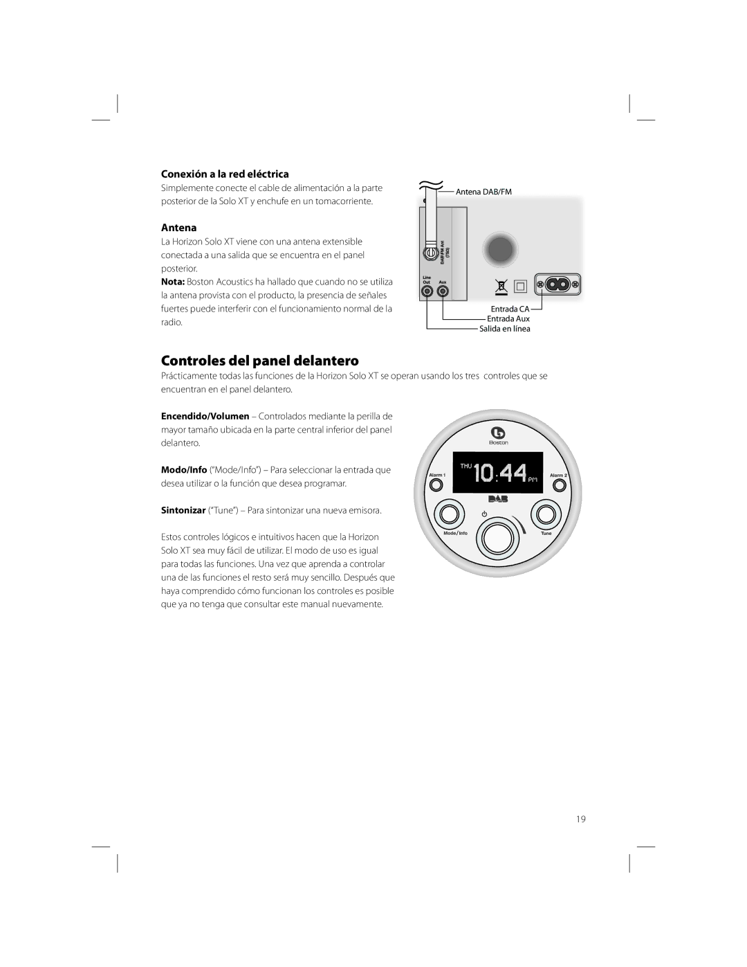 Boston Acoustics Solo owner manual Controles del panel delantero, Conexión a la red eléctrica, Antena 