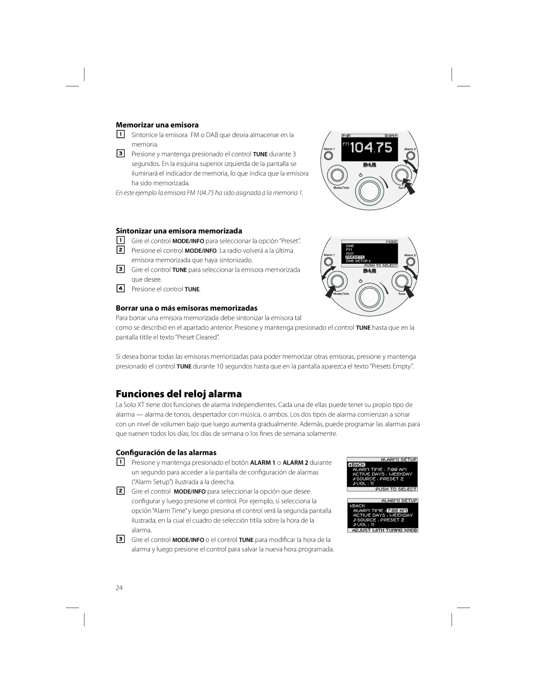 Boston Acoustics Solo owner manual Funciones del reloj alarma, Memorizar una emisora, Sintonizar una emisora memorizada 