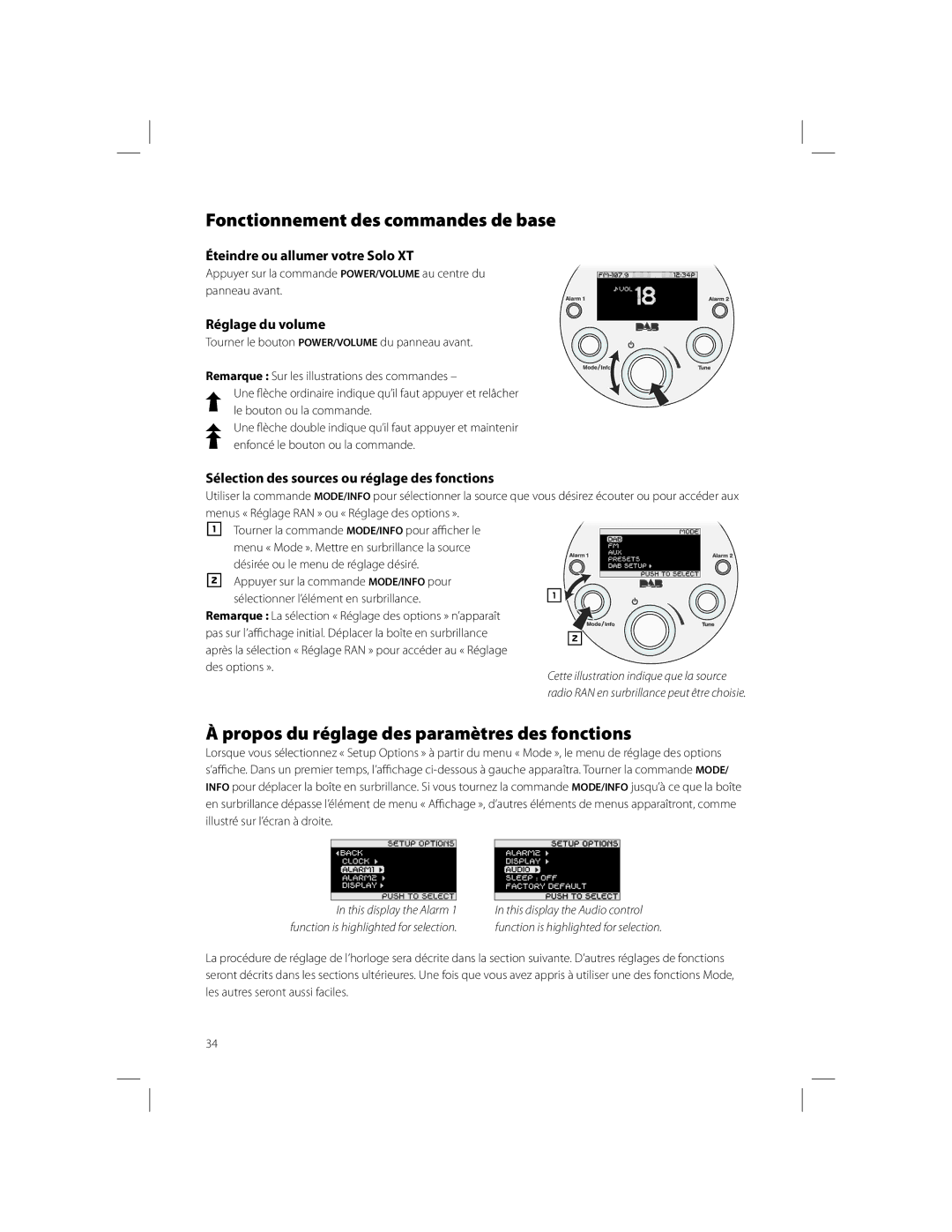 Boston Acoustics Solo owner manual Fonctionnement des commandes de base, Propos du réglage des paramètres des fonctions 