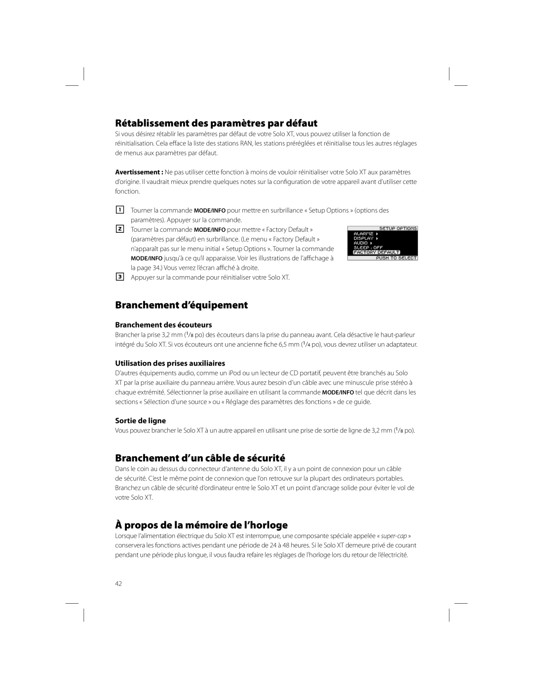 Boston Acoustics Solo owner manual Rétablissement des paramètres par défaut, Branchement d’équipement 