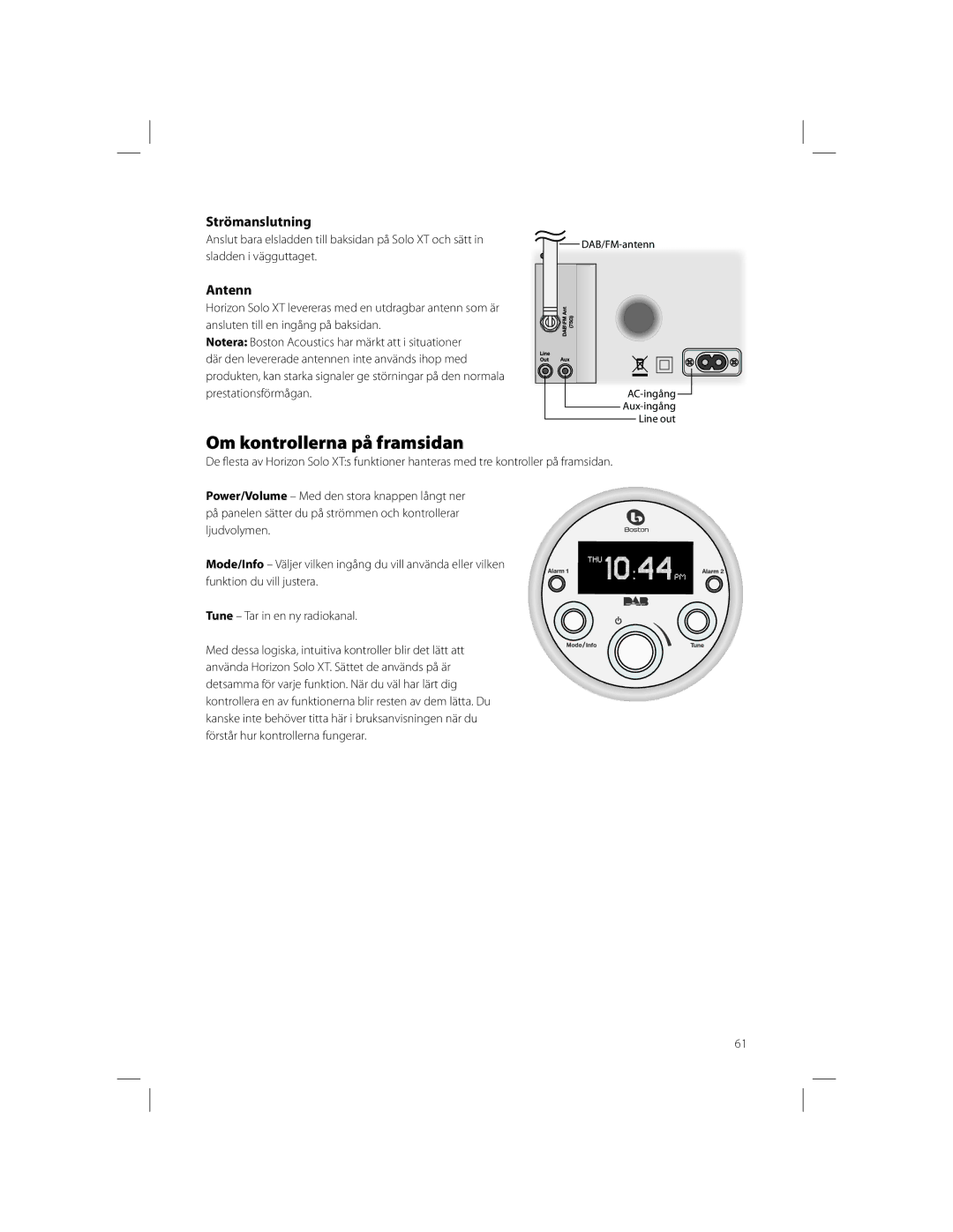 Boston Acoustics Solo owner manual Om kontrollerna på framsidan, Strömanslutning, Antenn 