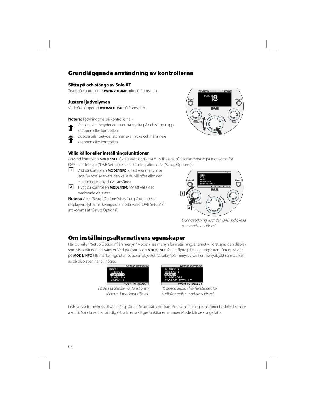 Boston Acoustics Solo owner manual Grundläggande användning av kontrollerna, Om inställningsalternativens egenskaper 