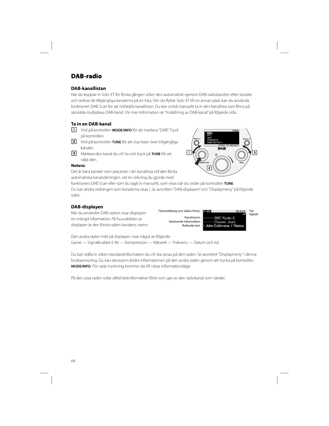 Boston Acoustics Solo owner manual DAB-radio, DAB-kanallistan, Ta in en DAB-kanal, DAB-displayen 