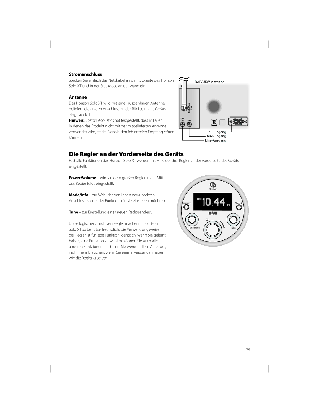 Boston Acoustics Solo owner manual Die Regler an der Vorderseite des Geräts, Stromanschluss 