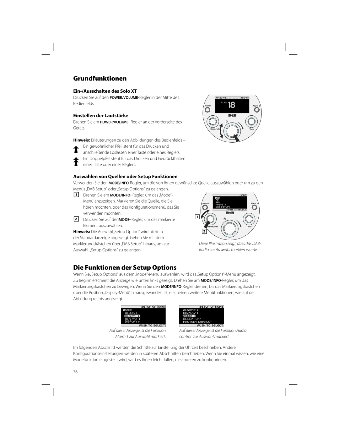 Boston Acoustics owner manual Grundfunktionen, Die Funktionen der Setup Options, Ein-/Ausschalten des Solo XT 