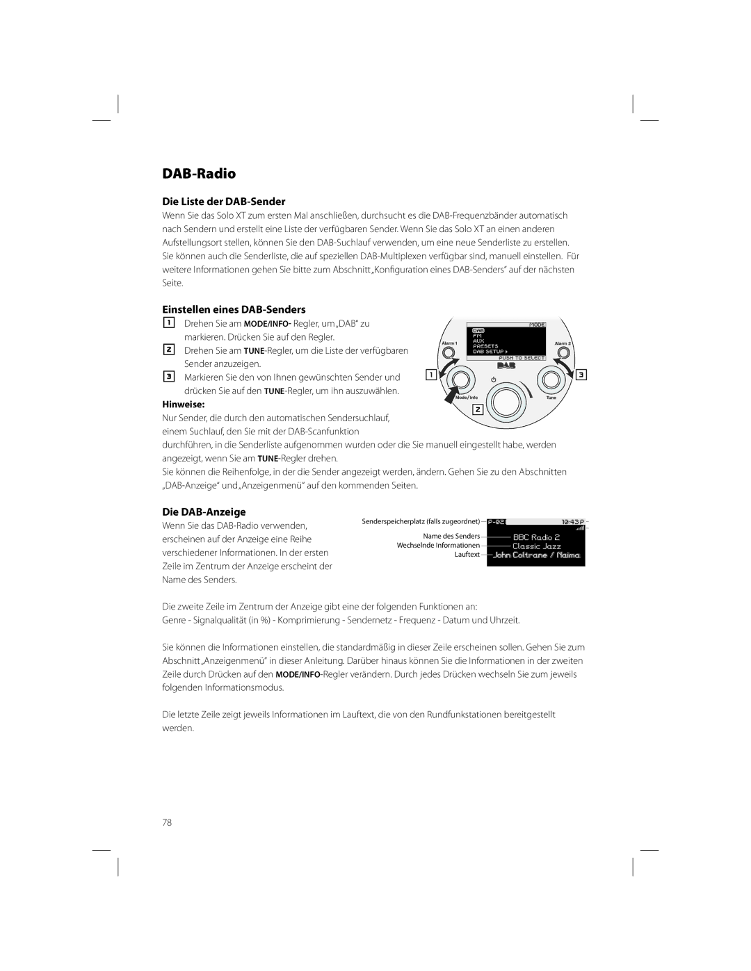 Boston Acoustics Solo owner manual Die Liste der DAB-Sender, Einstellen eines DAB-Senders, Die DAB-Anzeige, Hinweise 