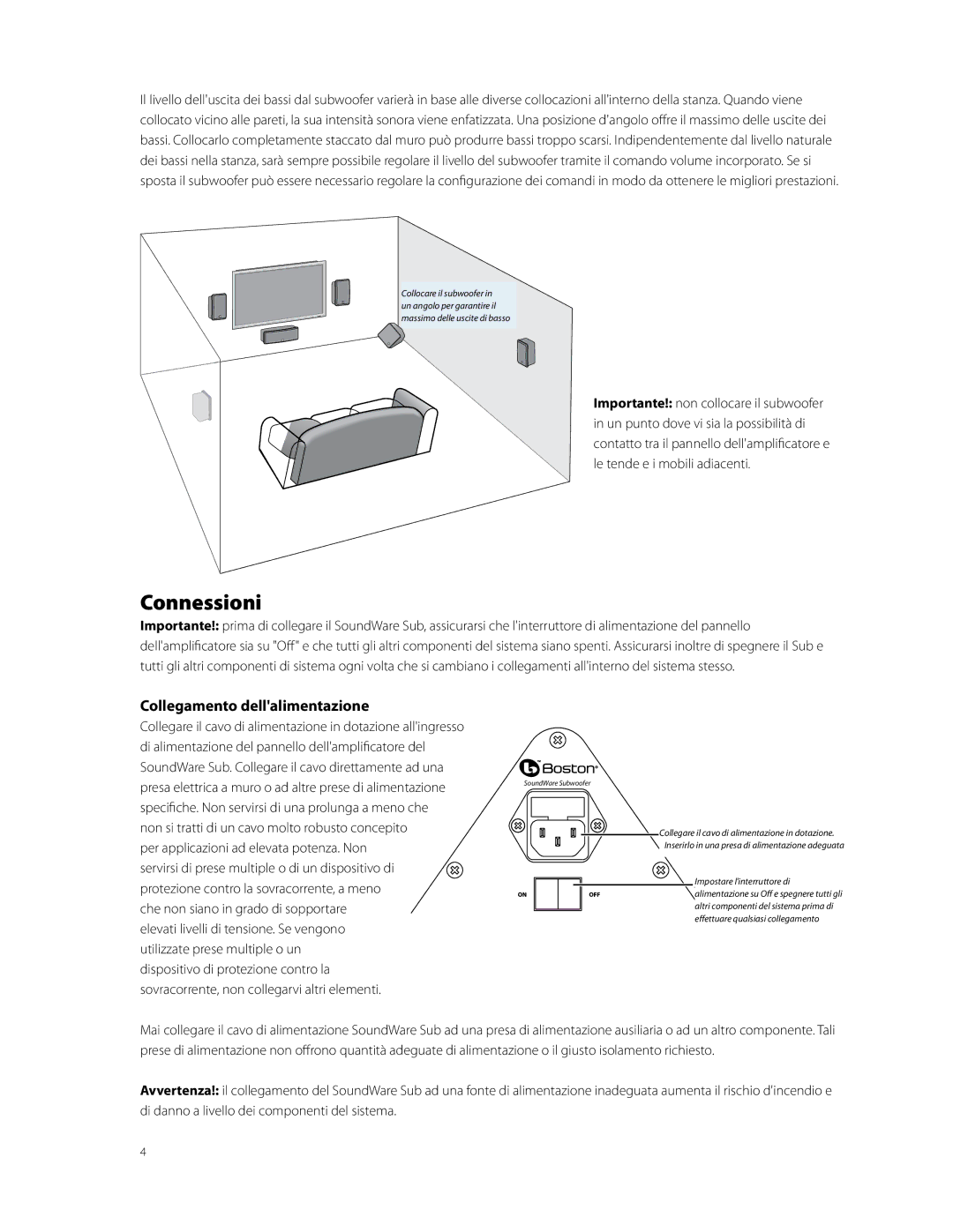 Boston Acoustics SoundWare Sub Connessioni, Collegamento dellalimentazione, Per applicazioni ad elevata potenza. Non 