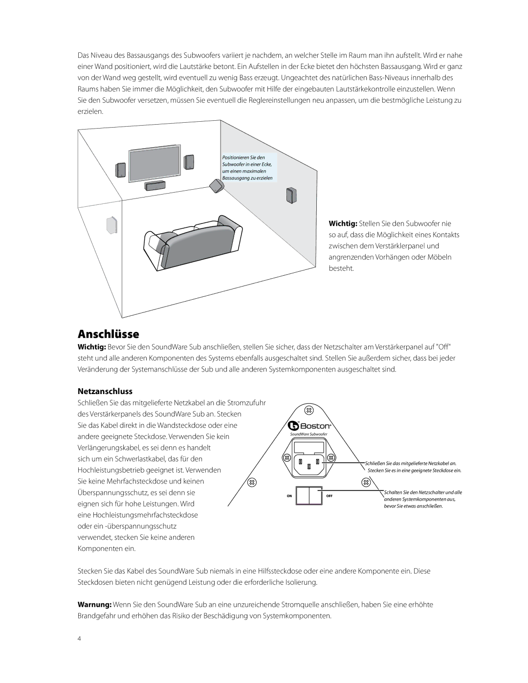 Boston Acoustics SoundWare Sub owner manual Anschlüsse, Netzanschluss 