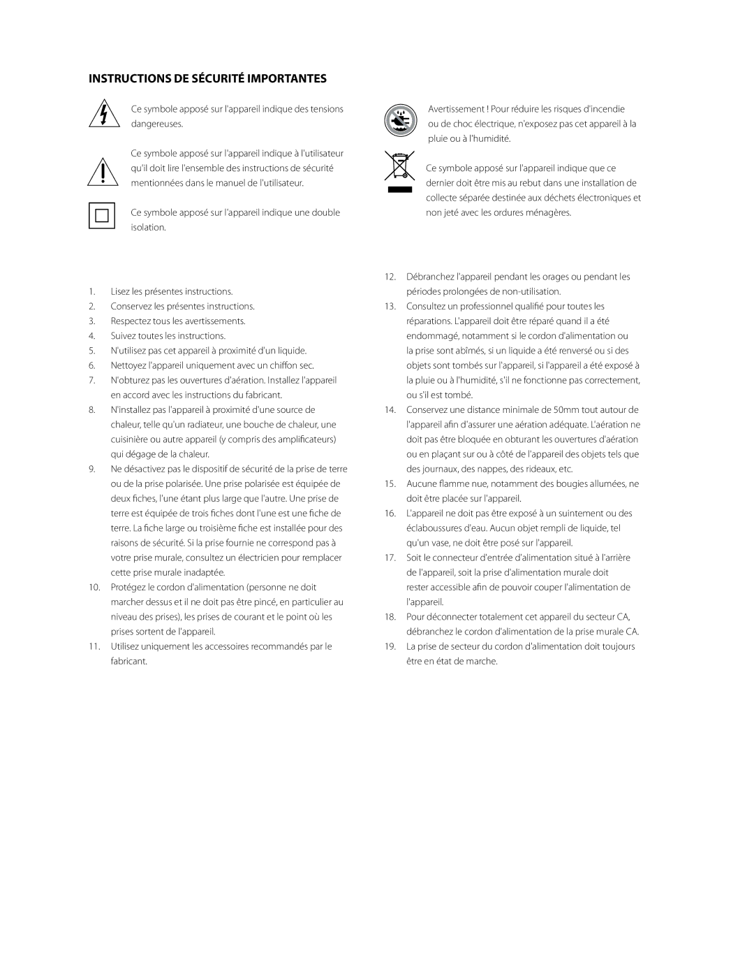 Boston Acoustics SoundWare Sub owner manual Instructions DE Sécurité Importantes 