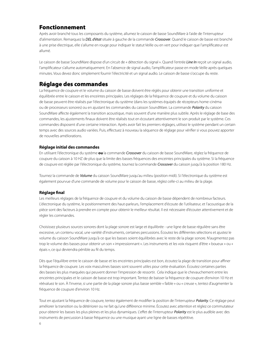 Boston Acoustics SoundWare Sub Fonctionnement, Réglage des commandes, Réglage initial des commandes, Réglage final 