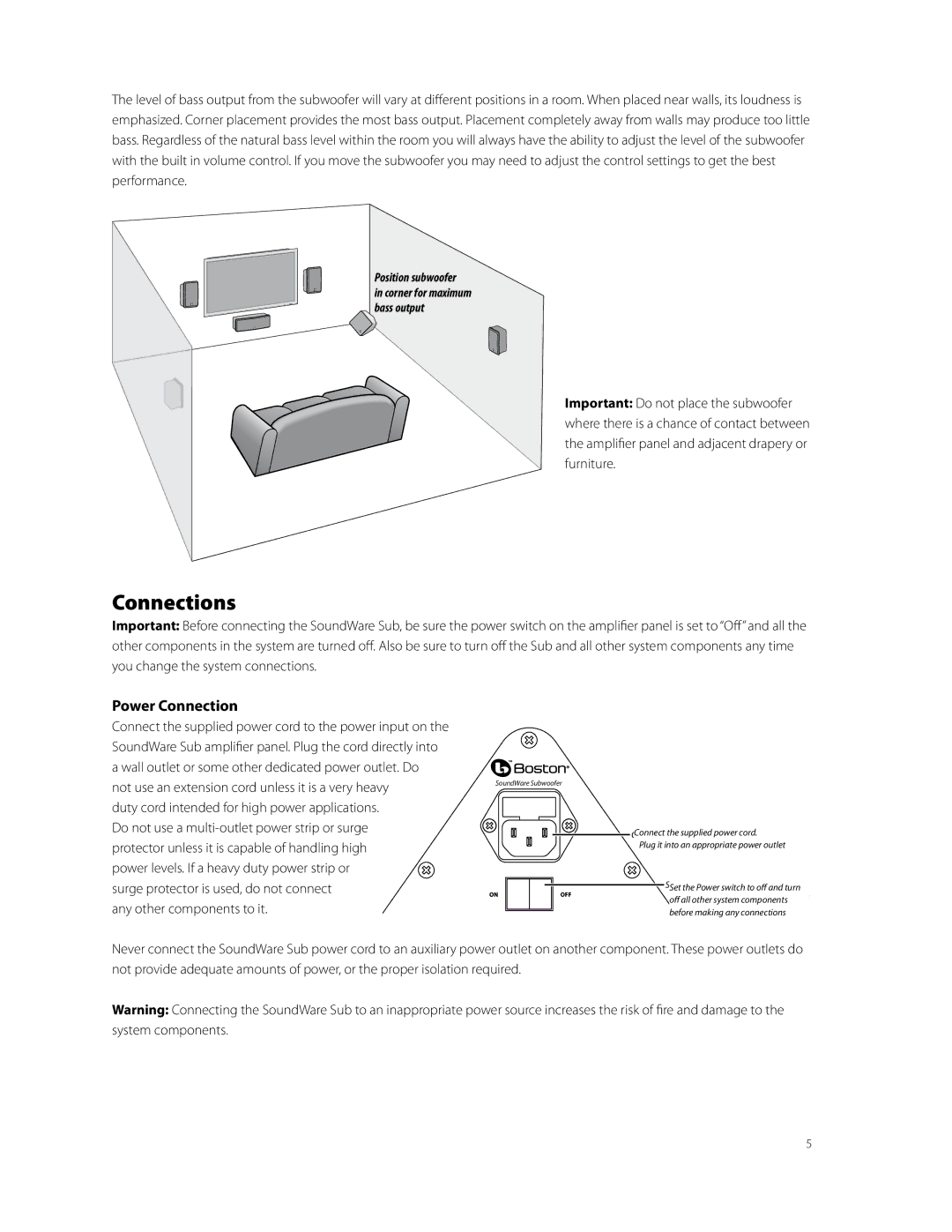 Boston Acoustics SoundWare Sub owner manual Connections, Power Connection, Any other components to it 