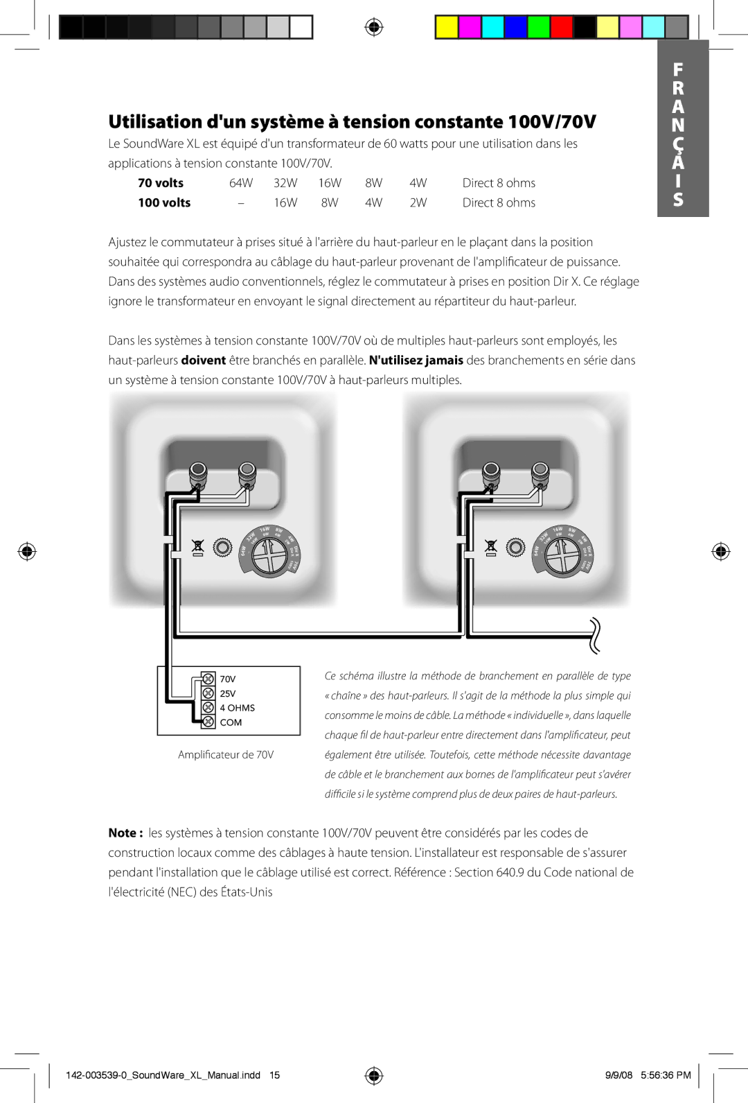 Boston Acoustics SoundWare XL owner manual Utilisation dun système à tension constante 100V/70V, Volts 