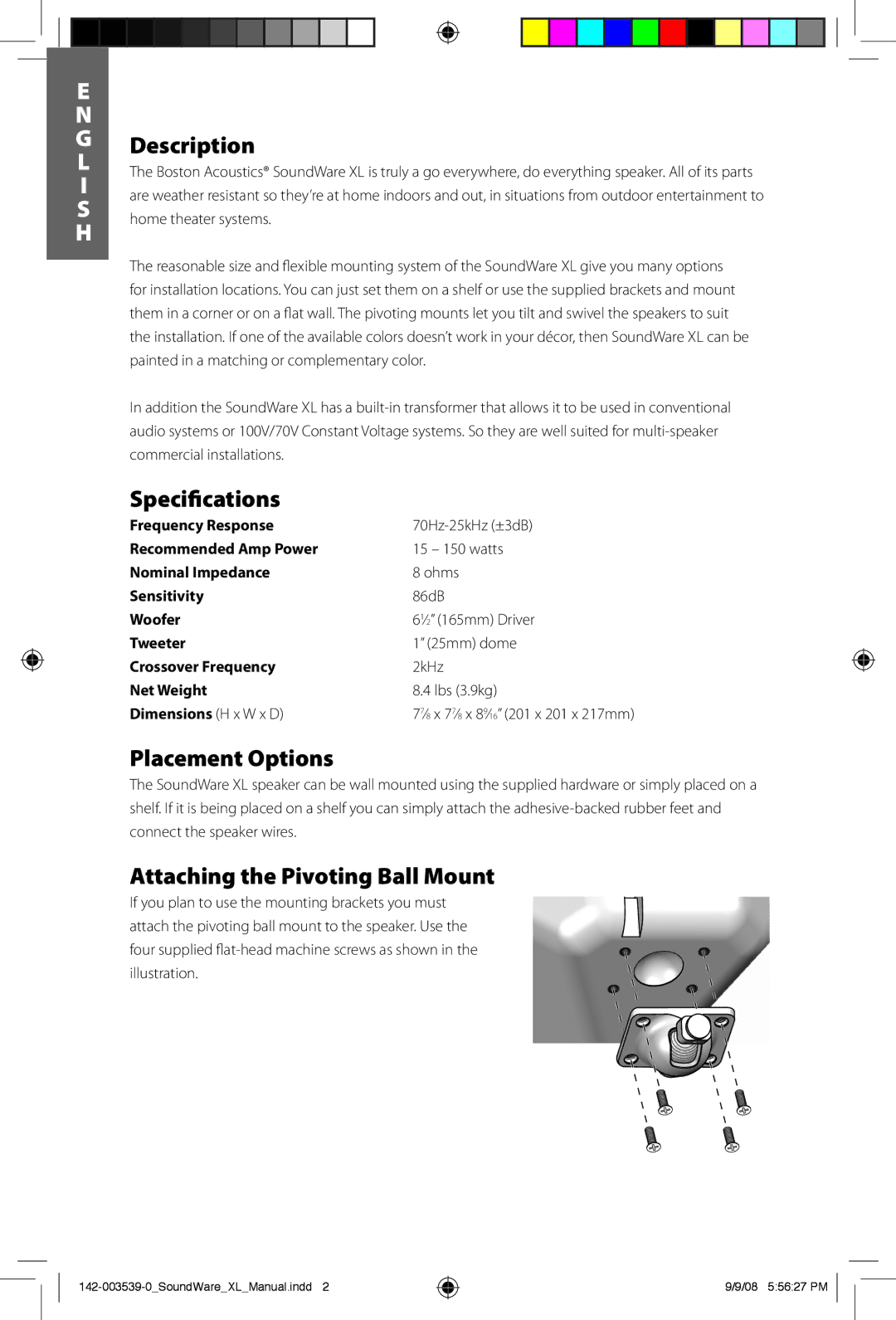 Boston Acoustics SoundWare XL Description, Specifications, Placement Options, Attaching the Pivoting Ball Mount 