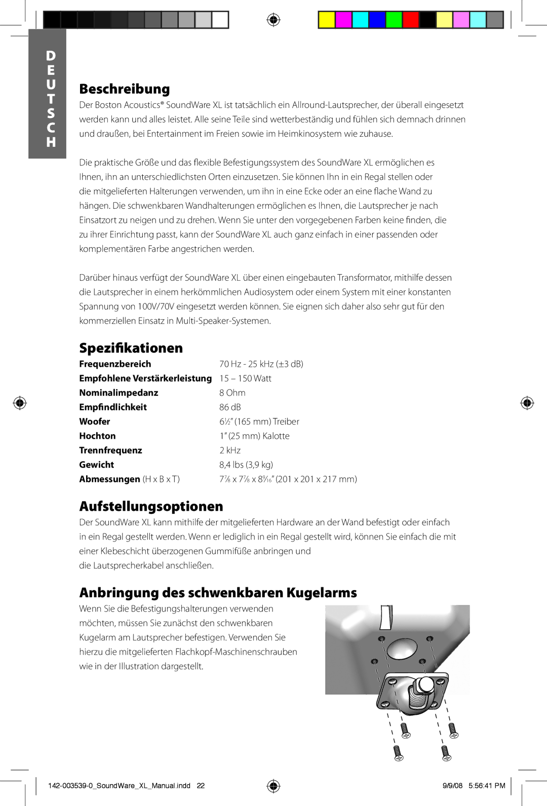 Boston Acoustics SoundWare XL Beschreibung, Spezifikationen, Aufstellungsoptionen, Anbringung des schwenkbaren Kugelarms 