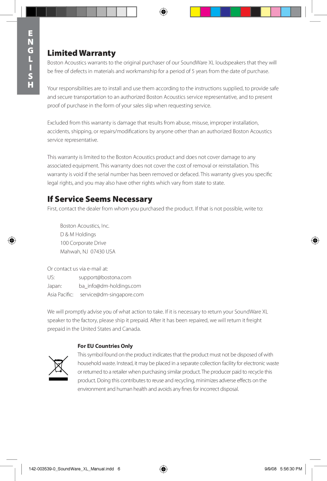 Boston Acoustics SoundWare XL owner manual Limited Warranty, If Service Seems Necessary, For EU Countries Only 