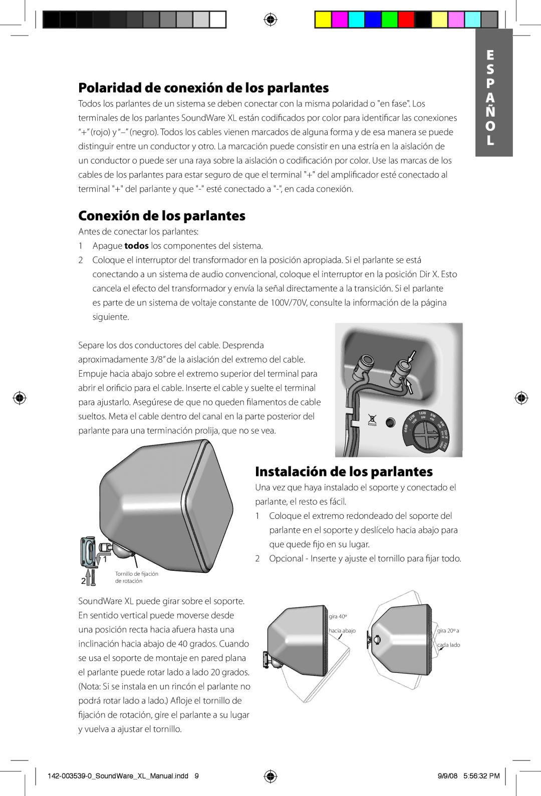 Boston Acoustics SoundWare XL owner manual Polaridad de conexión de los parlantes, Conexión de los parlantes 